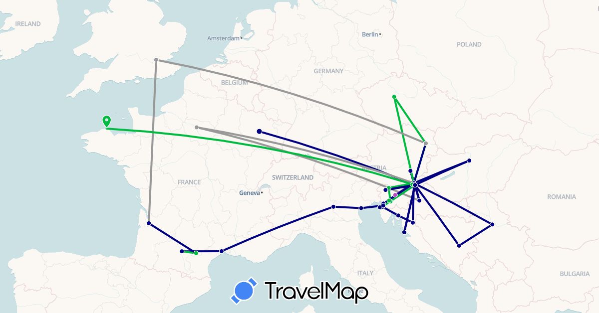 TravelMap itinerary: driving, bus, plane, train, hiking in Austria, Bosnia and Herzegovina, Czech Republic, France, United Kingdom, Croatia, Hungary, Italy, Serbia, Slovenia (Europe)
